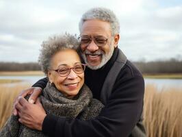 Loving old african american couple is enjoying a romantic winter day AI Generative photo