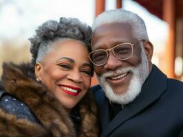 Loving old african american couple is enjoying a romantic winter day AI Generative photo