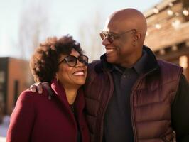 Loving old african american couple is enjoying a romantic winter day AI Generative photo