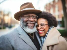 Loving old african american couple is enjoying a romantic winter day AI Generative photo