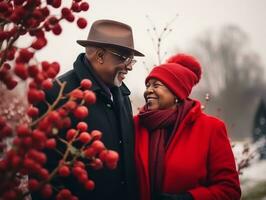 Loving old african american couple is enjoying a romantic winter day AI Generative photo