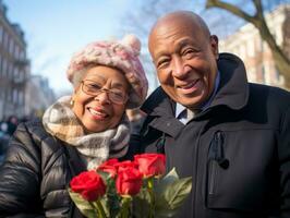 Loving old african american couple is enjoying a romantic winter day AI Generative photo