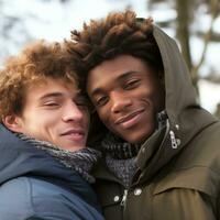 amoroso homosexual Pareja es disfrutando un romántico invierno día ai generativo foto