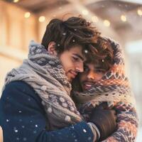 Loving homosexual couple is enjoying a romantic winter day AI Generative photo