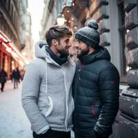 amoroso homosexual Pareja es disfrutando un romántico invierno día ai generativo foto