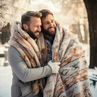 amoroso homosexual Pareja es disfrutando un romántico invierno día ai generativo foto