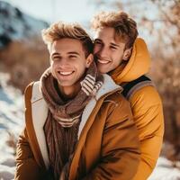 amoroso homosexual Pareja es disfrutando un romántico invierno día ai generativo foto