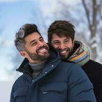 amoroso homosexual Pareja es disfrutando un romántico invierno día ai generativo foto