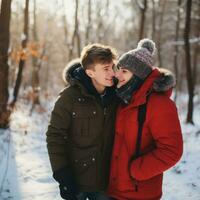 Loving homosexual couple is enjoying a romantic winter day AI Generative photo