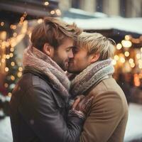 amoroso homosexual Pareja es disfrutando un romántico invierno día ai generativo foto