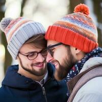 amoroso homosexual Pareja es disfrutando un romántico invierno día ai generativo foto