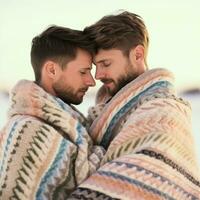 amoroso homosexual Pareja es disfrutando un romántico invierno día ai generativo foto