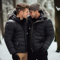 amoroso homosexual Pareja es disfrutando un romántico invierno día ai generativo foto