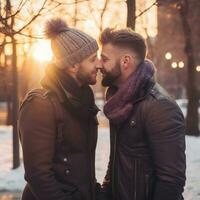 amoroso homosexual Pareja es disfrutando un romántico invierno día ai generativo foto