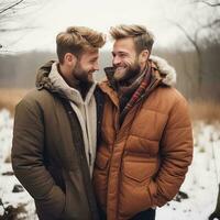 amoroso homosexual Pareja es disfrutando un romántico invierno día ai generativo foto