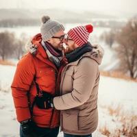 Loving homosexual couple is enjoying a romantic winter day AI Generative photo