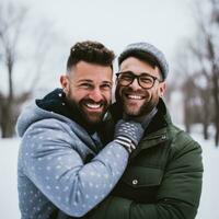 amoroso homosexual Pareja es disfrutando un romántico invierno día ai generativo foto