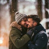 amoroso homosexual Pareja es disfrutando un romántico invierno día ai generativo foto