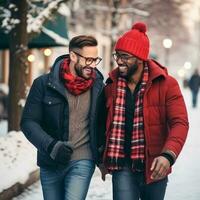 amoroso homosexual Pareja es disfrutando un romántico invierno día ai generativo foto