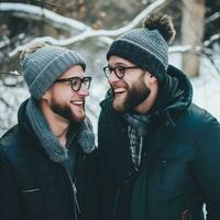 amoroso homosexual Pareja es disfrutando un romántico invierno día ai generativo foto