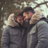 amoroso homosexual Pareja es disfrutando un romántico invierno día ai generativo foto