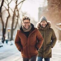 Loving homosexual couple is enjoying a romantic winter day AI Generative photo