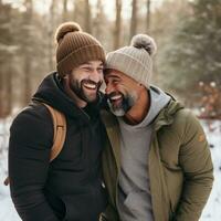 amoroso homosexual Pareja es disfrutando un romántico invierno día ai generativo foto