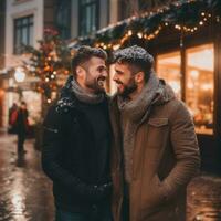 amoroso homosexual Pareja es disfrutando un romántico invierno día ai generativo foto