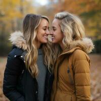 amoroso homosexual mujeres Pareja es disfrutando un romántico otoño día ai generativo foto