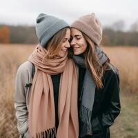 Loving homosexual womans couple is enjoying a romantic autumn day AI Generative photo