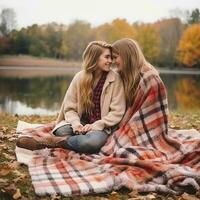 Loving homosexual womans couple is enjoying a romantic autumn day AI Generative photo