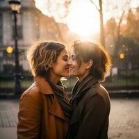 amoroso homosexual mujeres Pareja es disfrutando un romántico otoño día ai generativo foto