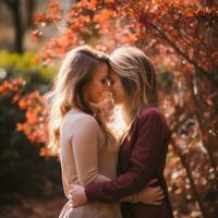 Loving homosexual womans couple is enjoying a romantic autumn day AI Generative photo