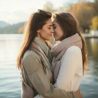 Loving homosexual womans couple is enjoying a romantic autumn day AI Generative photo