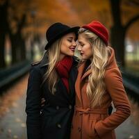 Loving homosexual womans couple is enjoying a romantic autumn day AI Generative photo