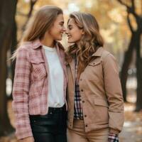 amoroso homosexual mujeres Pareja es disfrutando un romántico otoño día ai generativo foto