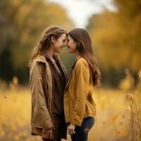 amoroso homosexual mujeres Pareja es disfrutando un romántico otoño día ai generativo foto