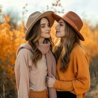 Loving homosexual womans couple is enjoying a romantic autumn day AI Generative photo