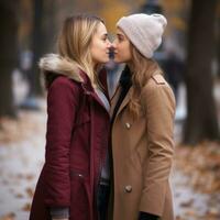 Loving homosexual womans couple is enjoying a romantic autumn day AI Generative photo