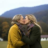 amoroso homosexual mujeres Pareja es disfrutando un romántico otoño día ai generativo foto