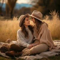 Loving homosexual womans couple is enjoying a romantic autumn day AI Generative photo