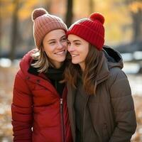 Loving homosexual womans couple is enjoying a romantic autumn day AI Generative photo