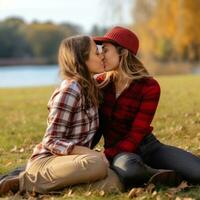 Loving homosexual womans couple is enjoying a romantic autumn day AI Generative photo