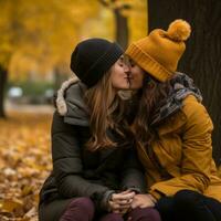 Loving homosexual womans couple is enjoying a romantic autumn day AI Generative photo