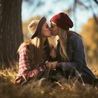 Loving homosexual womans couple is enjoying a romantic autumn day AI Generative photo