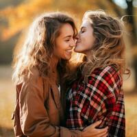 Loving homosexual womans couple is enjoying a romantic autumn day AI Generative photo