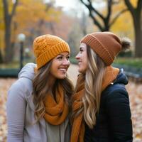 Loving homosexual womans couple is enjoying a romantic autumn day AI Generative photo