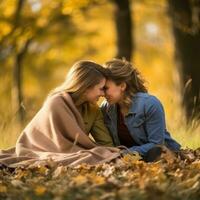 Loving homosexual womans couple is enjoying a romantic autumn day AI Generative photo