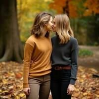 amoroso homosexual mujeres Pareja es disfrutando un romántico otoño día ai generativo foto