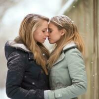 amoroso homosexual mujeres Pareja es disfrutando un romántico invierno día ai generativo foto
